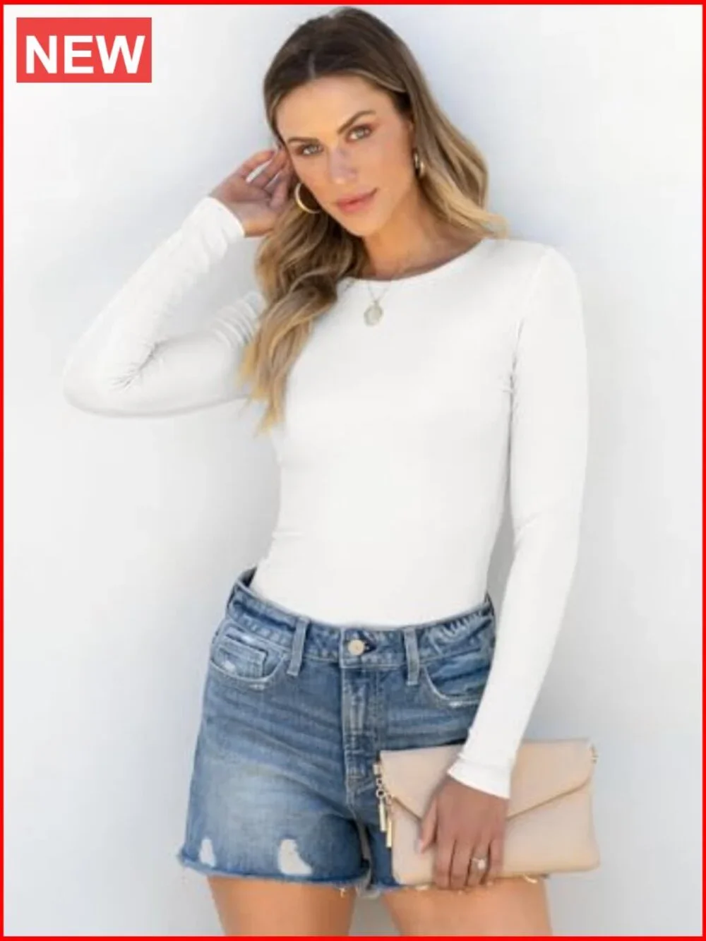 Long Sleeve Rib Knit Slim Fit T-Shirt Basic Tee Rayon Elastane - Picture 3 of 7